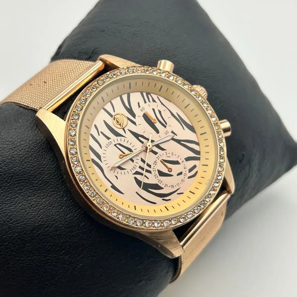 Animal Print Crystal and Gold Metal Face Watch Gold Mesh Band